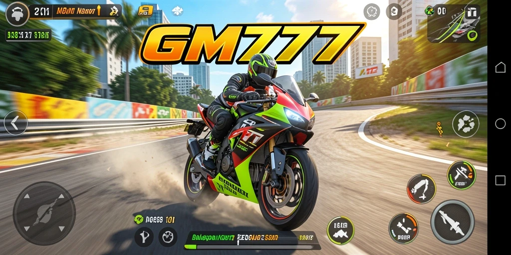 Screenshot gameplay GM777 menampilkan balapan motor yang seru dan cepat.